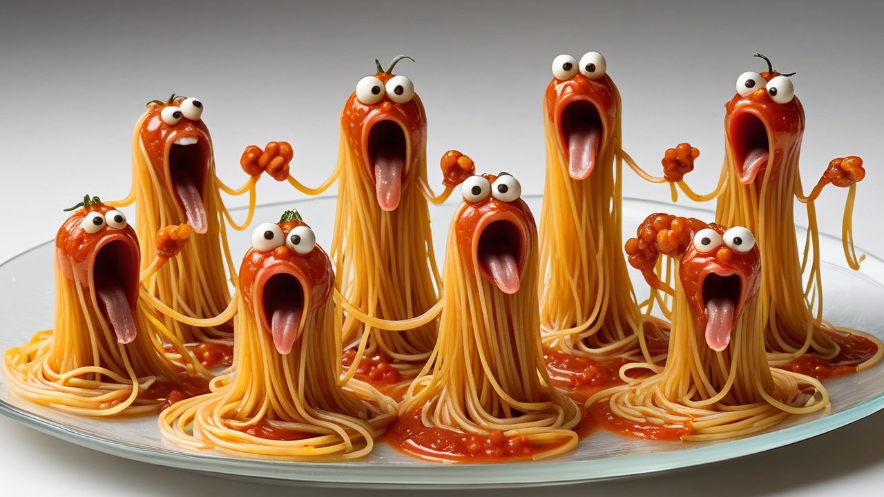 Playful Spaghetti Characters with Tomato Sauce Details