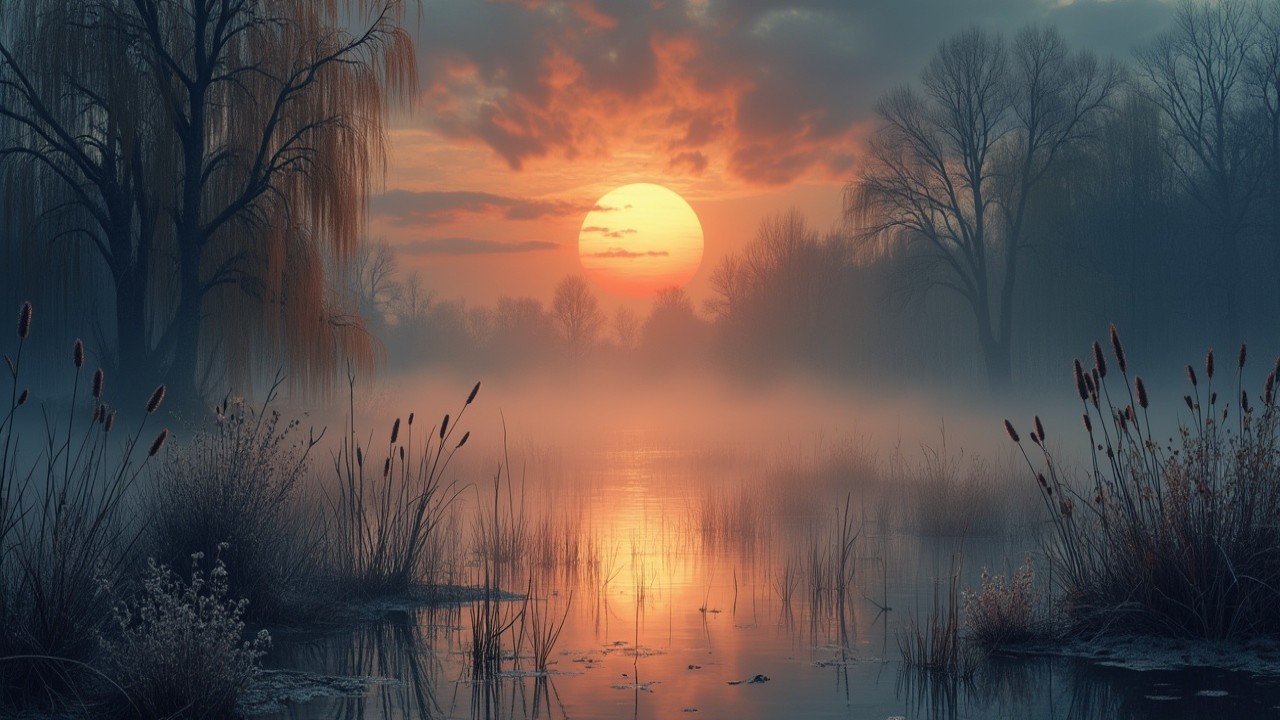Serene Lake at Dusk with Reflective Water and Sunset