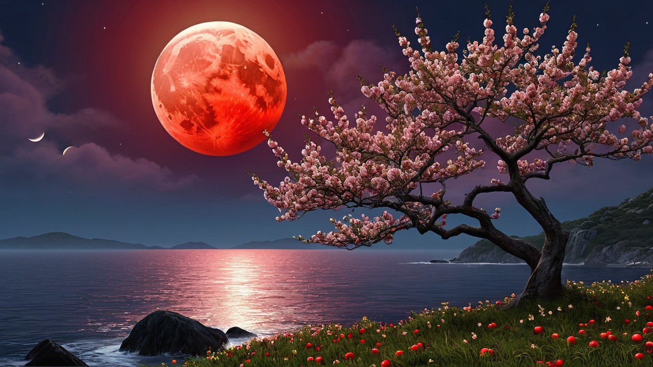 Cherry Blossom Tree by Calm Sea Under Full Moon