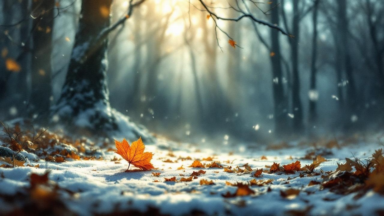 Autumn Leaves on Snowy Forest Floor in Winter Light