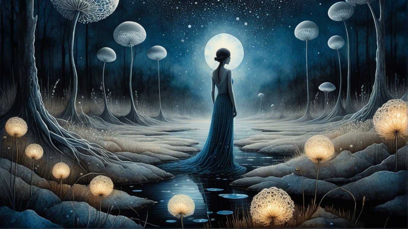 Serene Night Landscape with Woman by Tranquil River