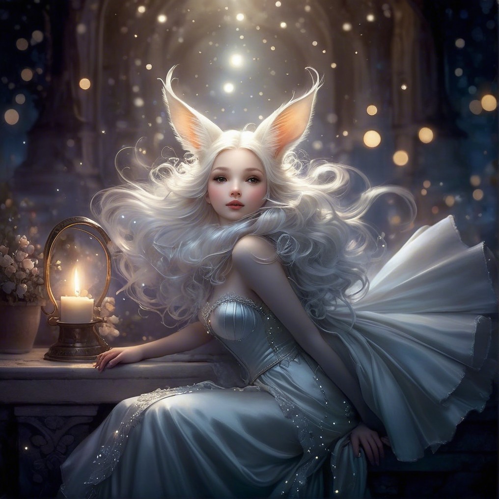 Mystical figure with white hair in enchanting setting