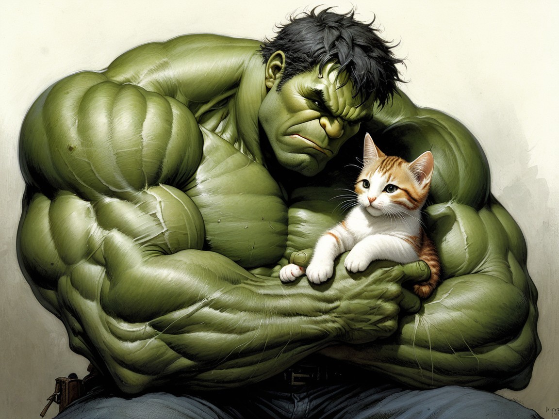 Green Giant Cradles Adorable Kitten in Strong Arms