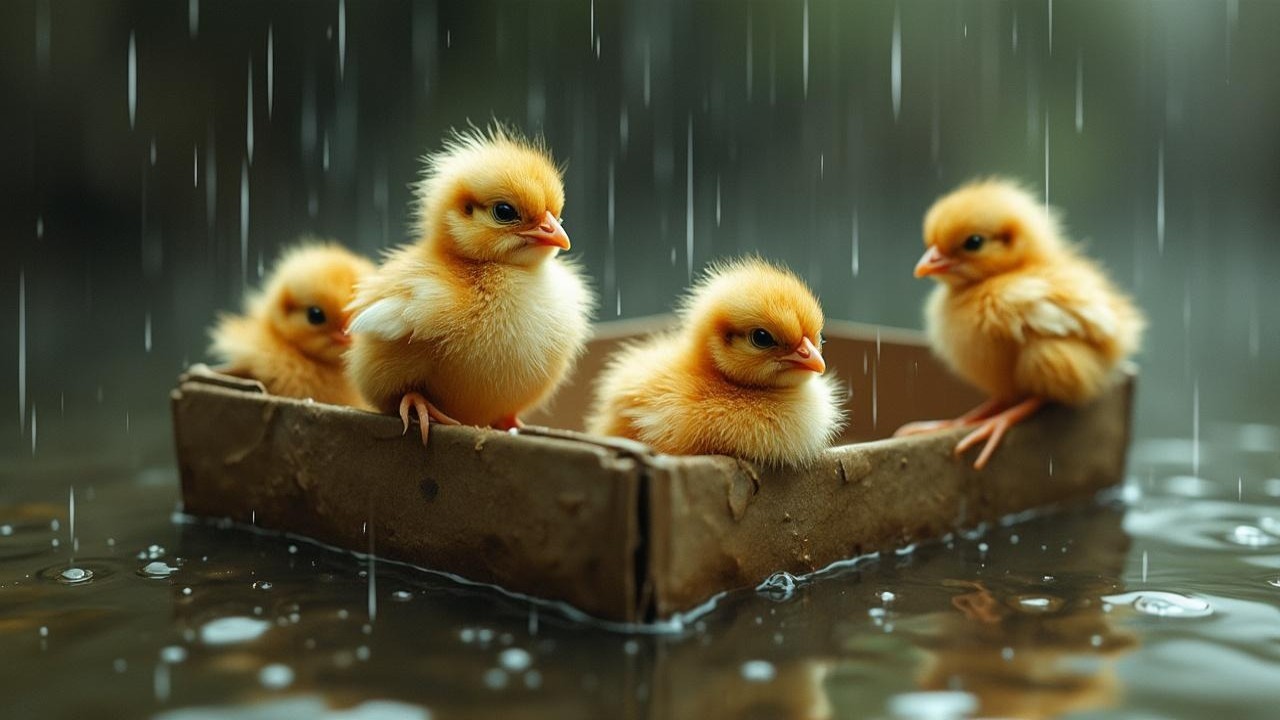 Fluffy Yellow Chicks in Cardboard Box on Rainy Water