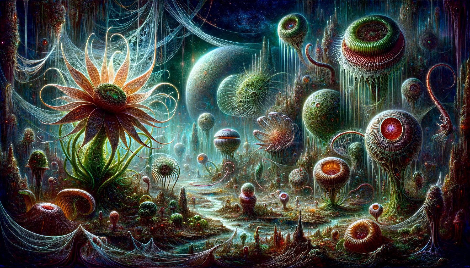 Surreal Landscape with Ethereal Flora and Cosmic Glow