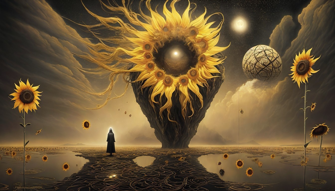 Surreal Landscape with Towering Sunflower Tree
