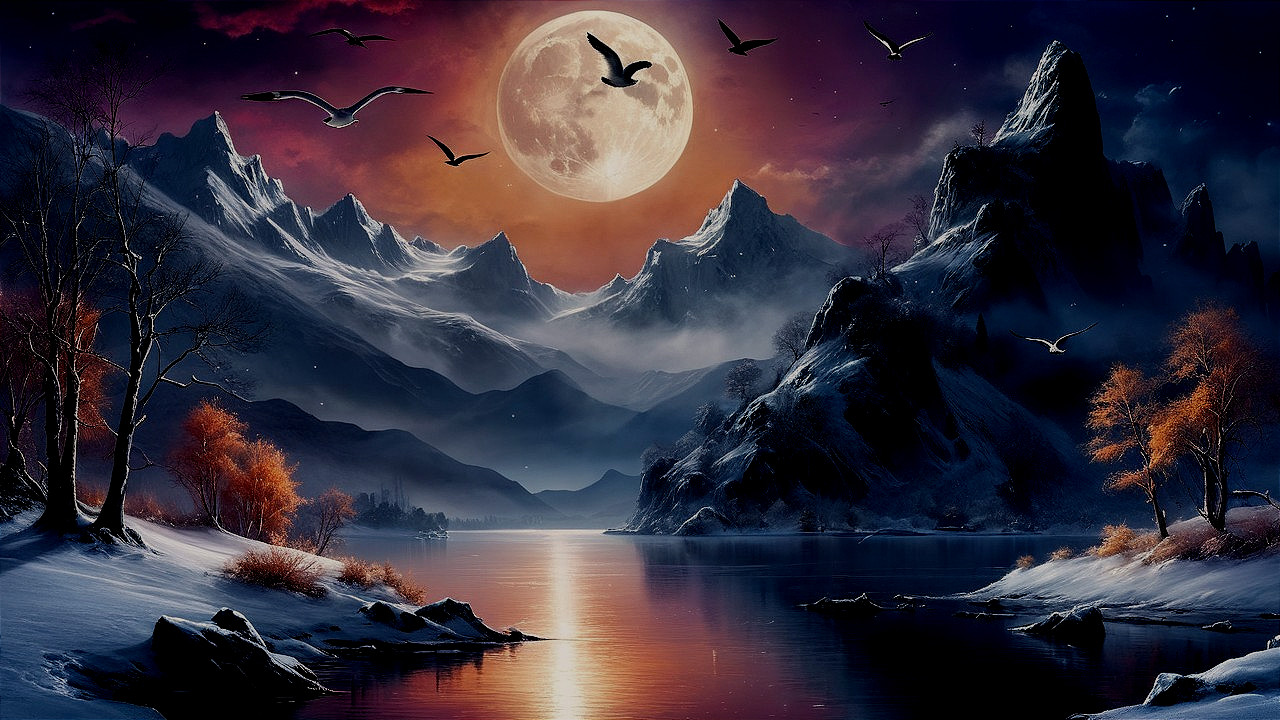 Winter Night Landscape with Full Moon and Lake Reflection