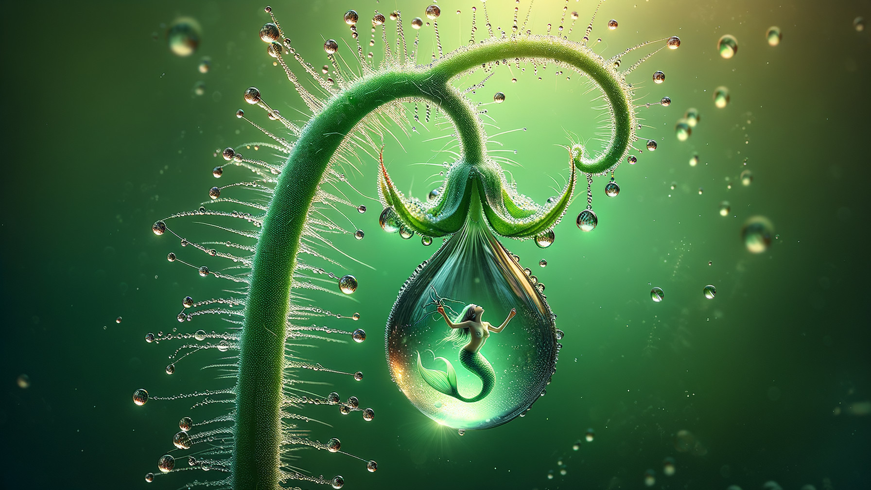 Delicate Green Tendril with Water Droplets and Mermaid