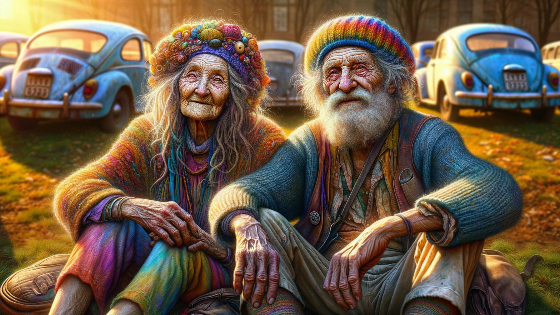 Elderly Couple in Vibrant Natural Setting with Beetles