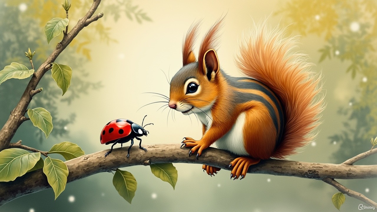 Squirrel and Ladybug in a Tranquil Forest Scene
