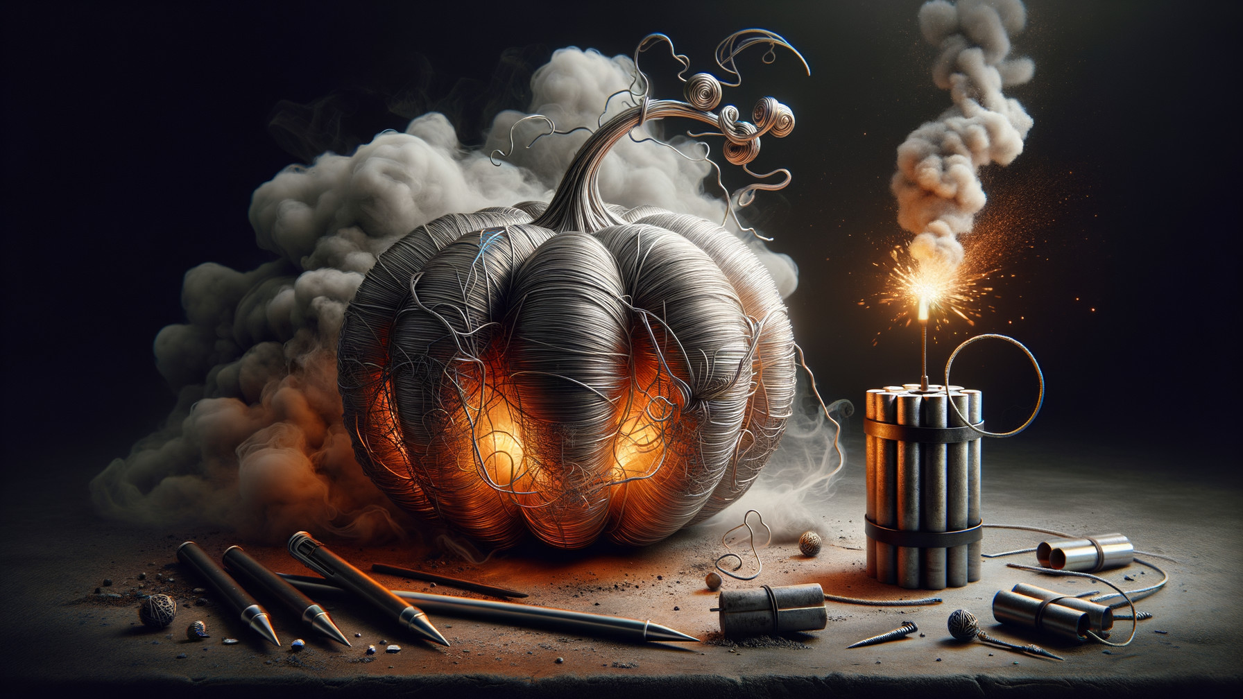 Glowing Pumpkin with Dynamite and Pens in Artwork
