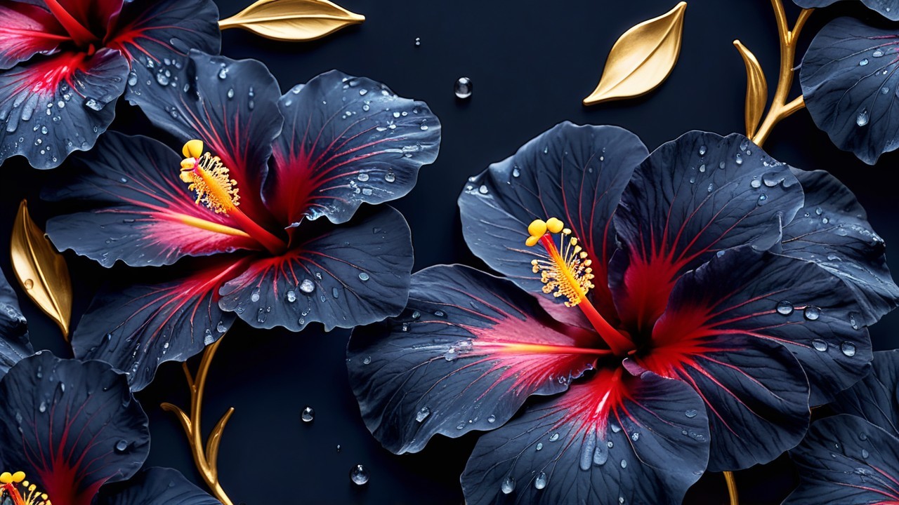 Vibrant Hibiscus Flowers with Gold Leaves and Water Droplets