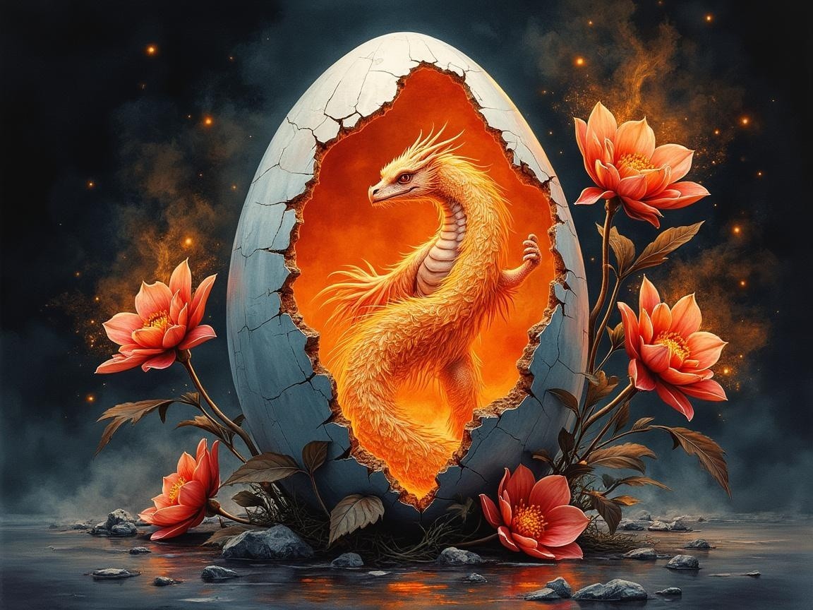 Dragon Hatching from Blue Egg Surrounded by Lotus Flowers