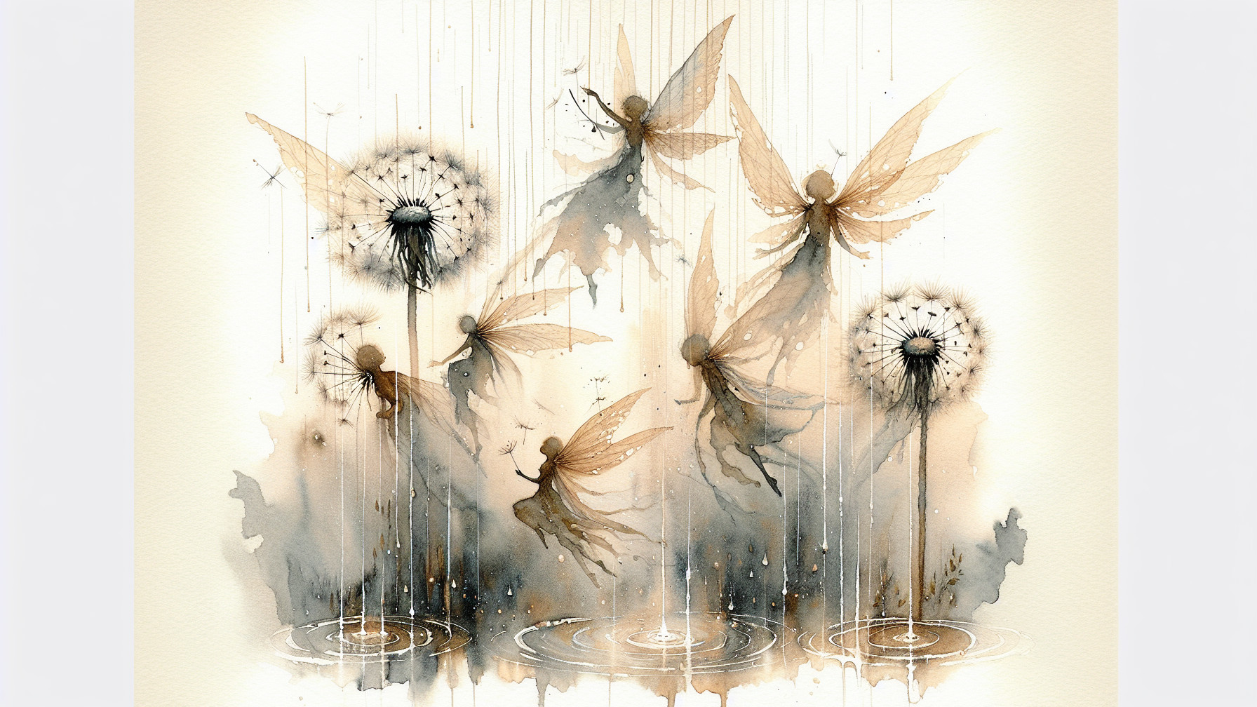 Whimsical Watercolor of Fairies Above Dandelions