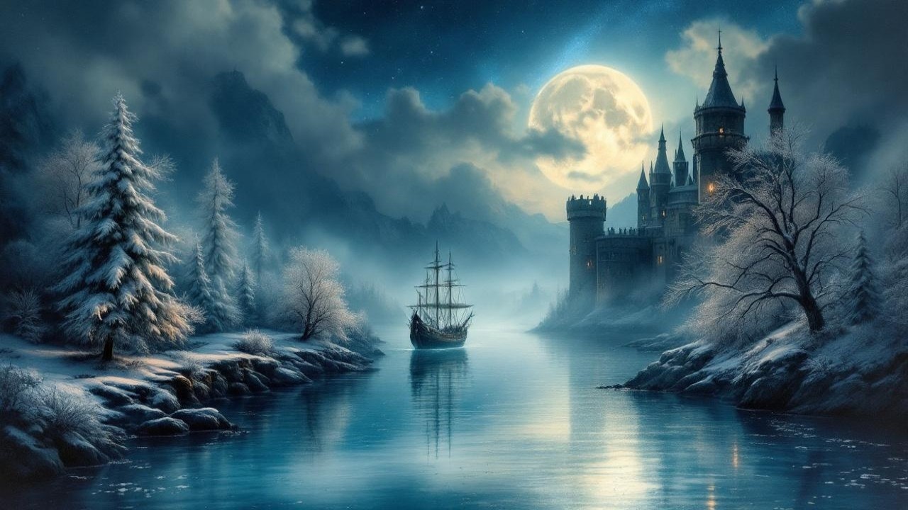 Majestic Castle on Rocky Shore Under Full Moonlight