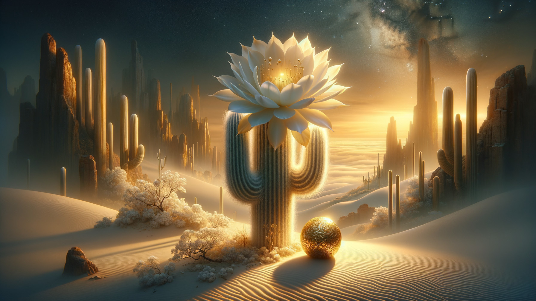 Surreal Desert Landscape with Cactus and Lotus Flower