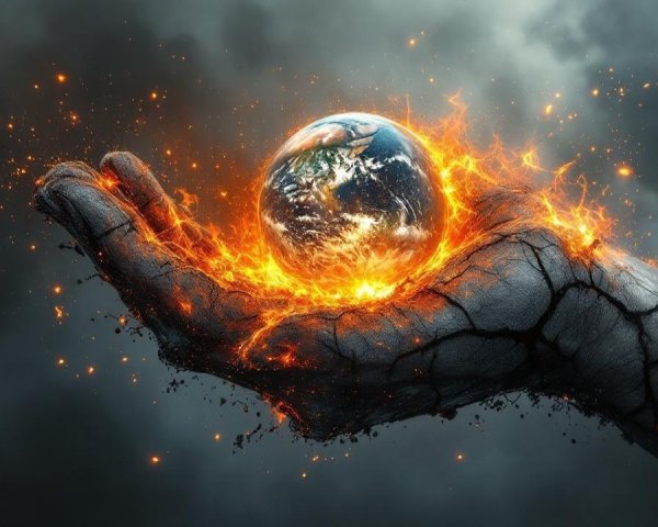 Colossal Hand Cradling Glowing Earth Amidst Storm