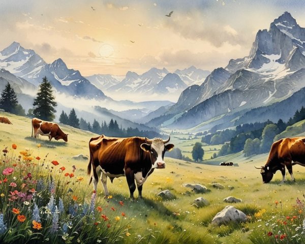 Serene Landscape with Cows and Majestic Mountains