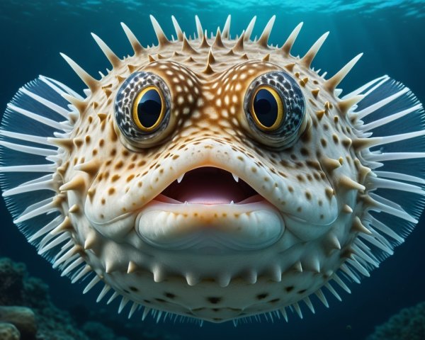 Colorful Pufferfish Gliding Underwater with Bubbles