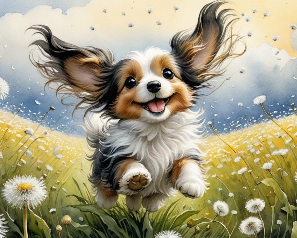 Cheerful dog playing in sunny dandelion field