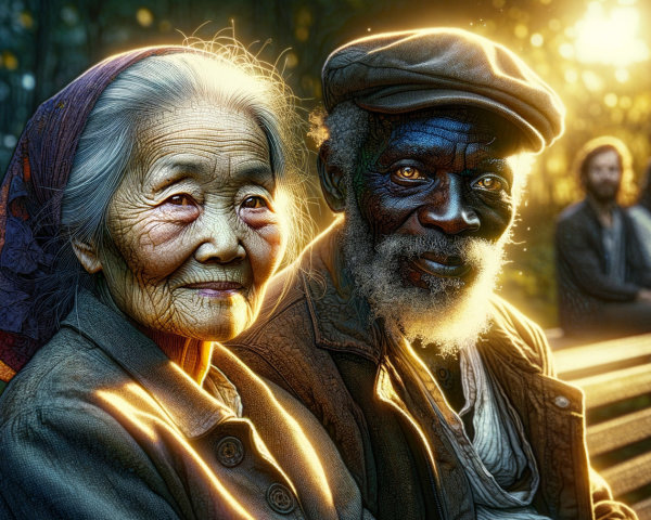 Elderly Woman and Man Smiling in Sunlit Park