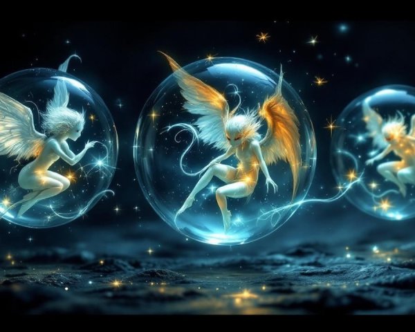 Three Faeries in Orbs with Delicate Wings and Stars