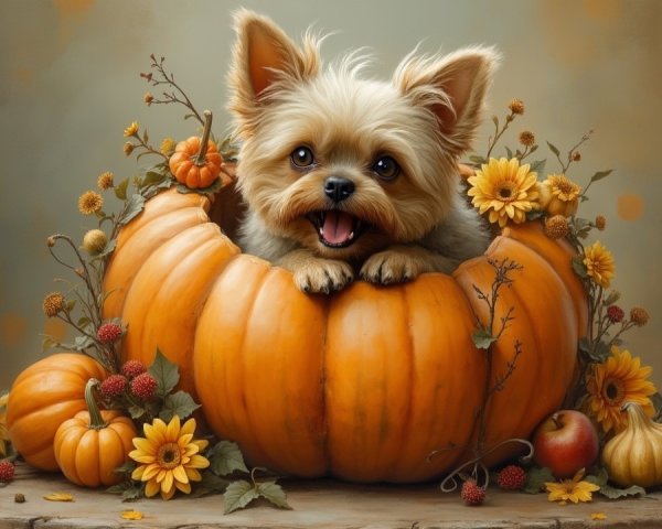 Cheerful Dog in Pumpkin Surrounded by Autumn Decor