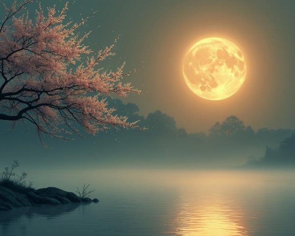 Serene night landscape with full moon and blossoms