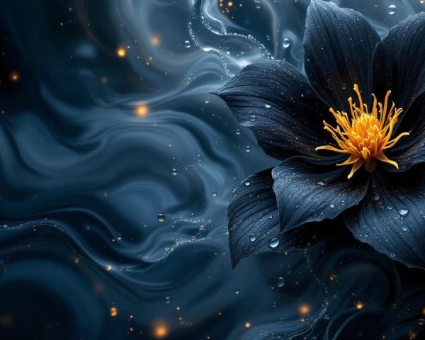 Dark Flower with Orange Stamens on Blue Background