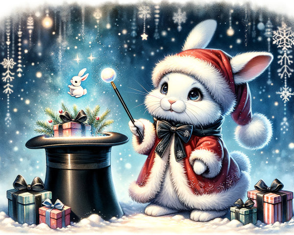 Digital Painting of a Rabbit in Santa Outfit with Gifts