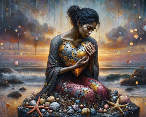 Digital painting of a woman on seashell island with heart map