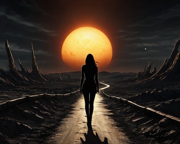 Silhouetted Figure on Winding Path in Desolate Landscape