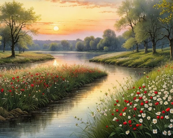 Serene Sunset Landscape with River and Flower Meadows