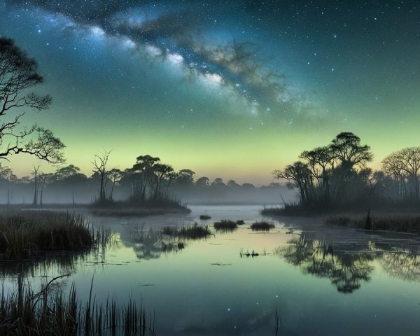 Panoramic Nighttime Landscape with Reflective Water