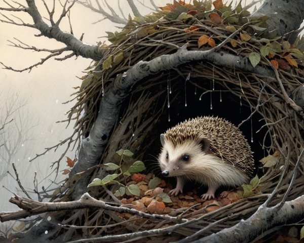 Hedgehog in Autumn Nest Amidst Misty Landscape