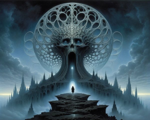 Surreal Landscape with Skull Structure and Glowing Entrance