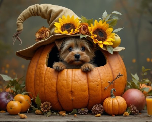 Yorkshire Terrier in Pumpkin with Witch Hat and Autumn Decor
