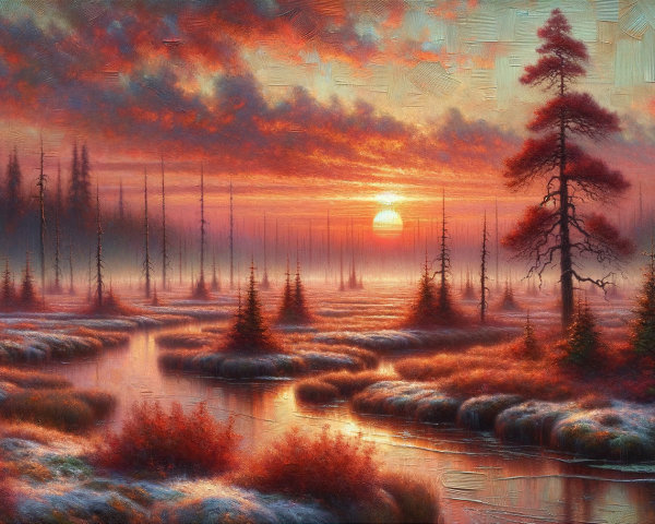 Textured painting of a marshy landscape at sunset