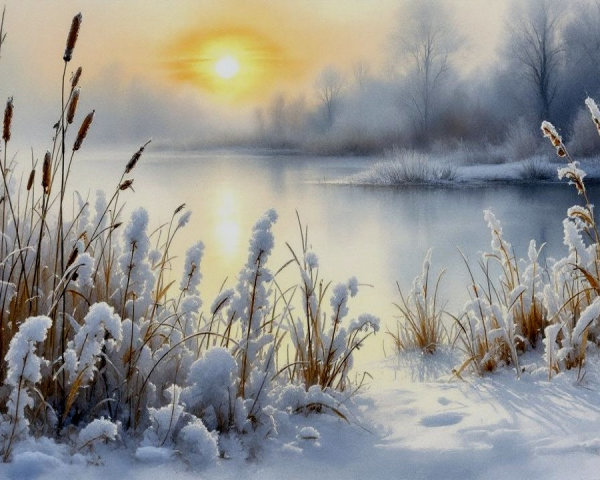 Tranquil Winter Landscape with River and Snowy Reeds