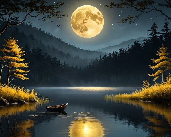 Serene Nighttime Lake Scene with Moon and Stars