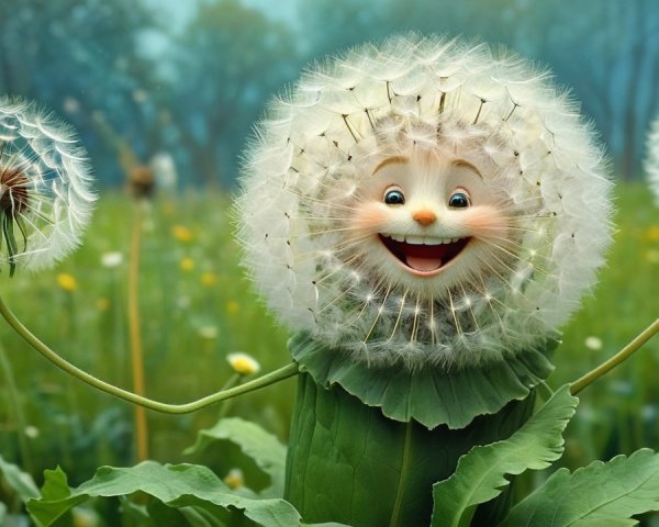 Whimsical Dandelion Character in Vibrant Green Field