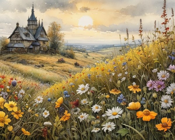 Charming Wooden House Surrounded by Vibrant Wildflowers
