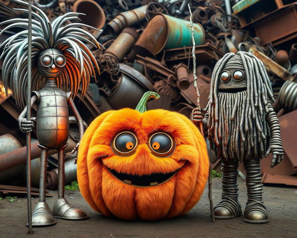 Whimsical Characters and Pumpkin in a Junkyard Setting