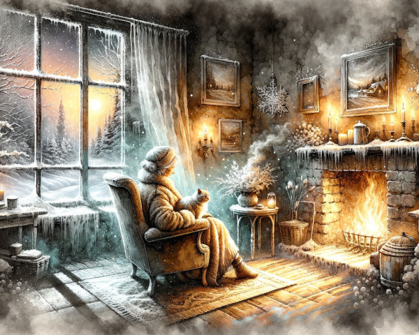 Cozy Winter Scene with Woman in Armchair and Snow