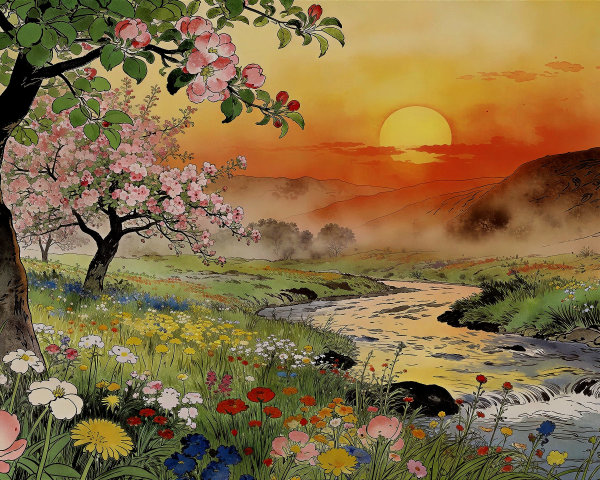 Vibrant Spring Landscape in Japanese Ukiyo-e Style