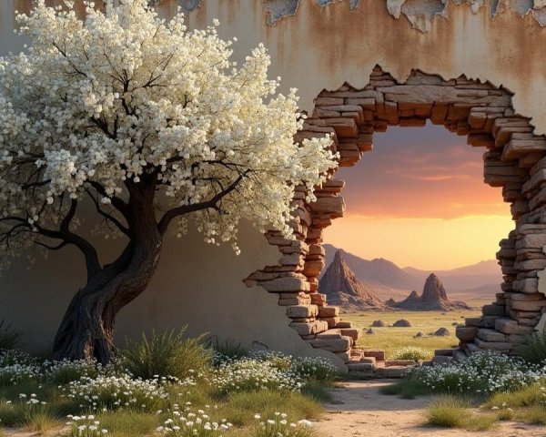 Weathered Wall with Circular Opening to Scenic Landscape