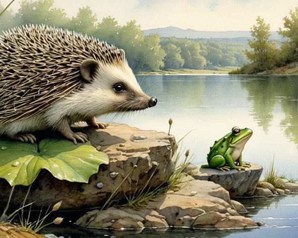 Hedgehog and Frog by a Tranquil Lake Landscape