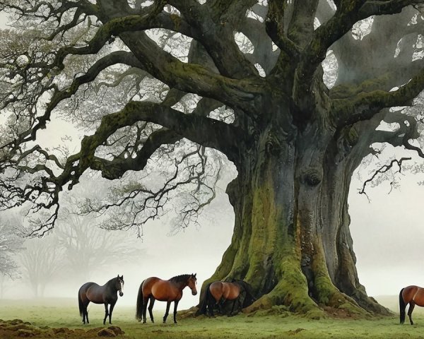 Majestic Tree with Horses in Misty Landscape