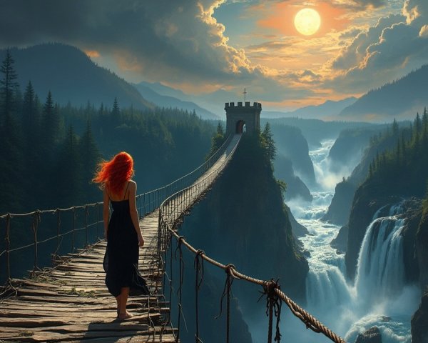 Woman in Black Dress on Wooden Bridge with Waterfall