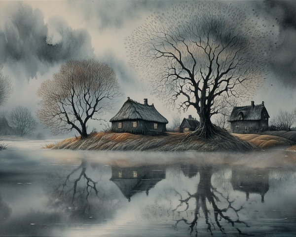 Serene Landscape with Cottages by Misty Lake
